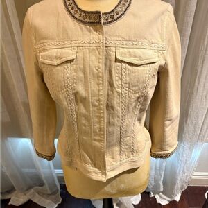 Elie Tahari Soft Gold Jean Jacket with Embroidery